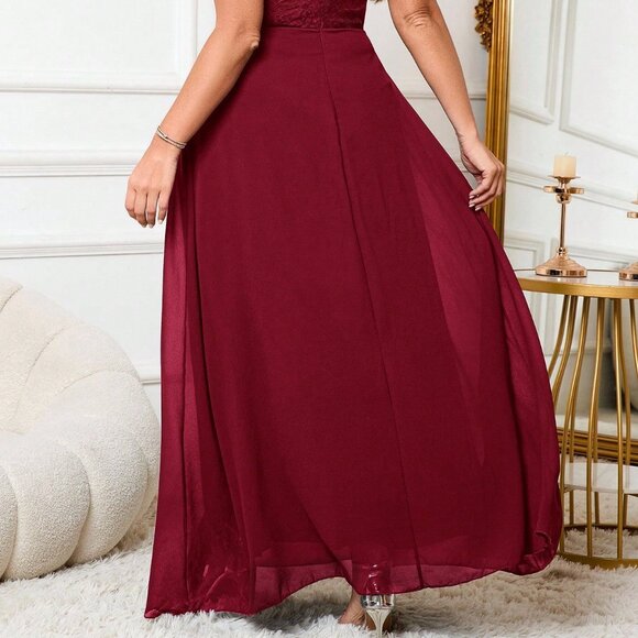 Burgundy Elegant Women's Plus Size Sleeveless Waist Cinched Party Dress - Picture 3 of 7